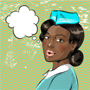 78785711 - vector illustration of beautiful african american flight attendant, speech bubble. stewardess in retro pop art comic style.
